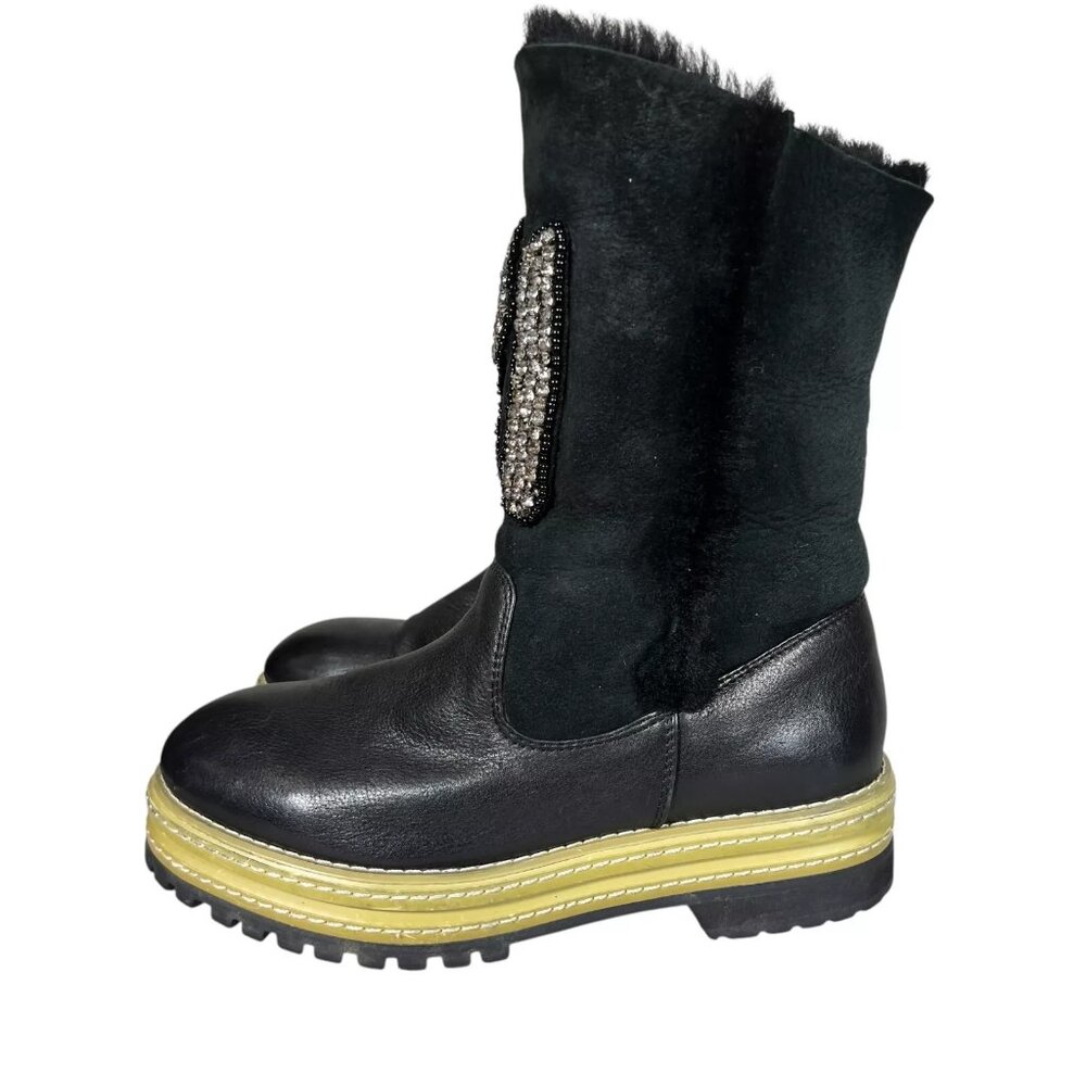 P1 Womens Black Leather Shearling Lining Lug Sole Mid Calf Boots Sz EU38 RARE - Picture 6 of 16